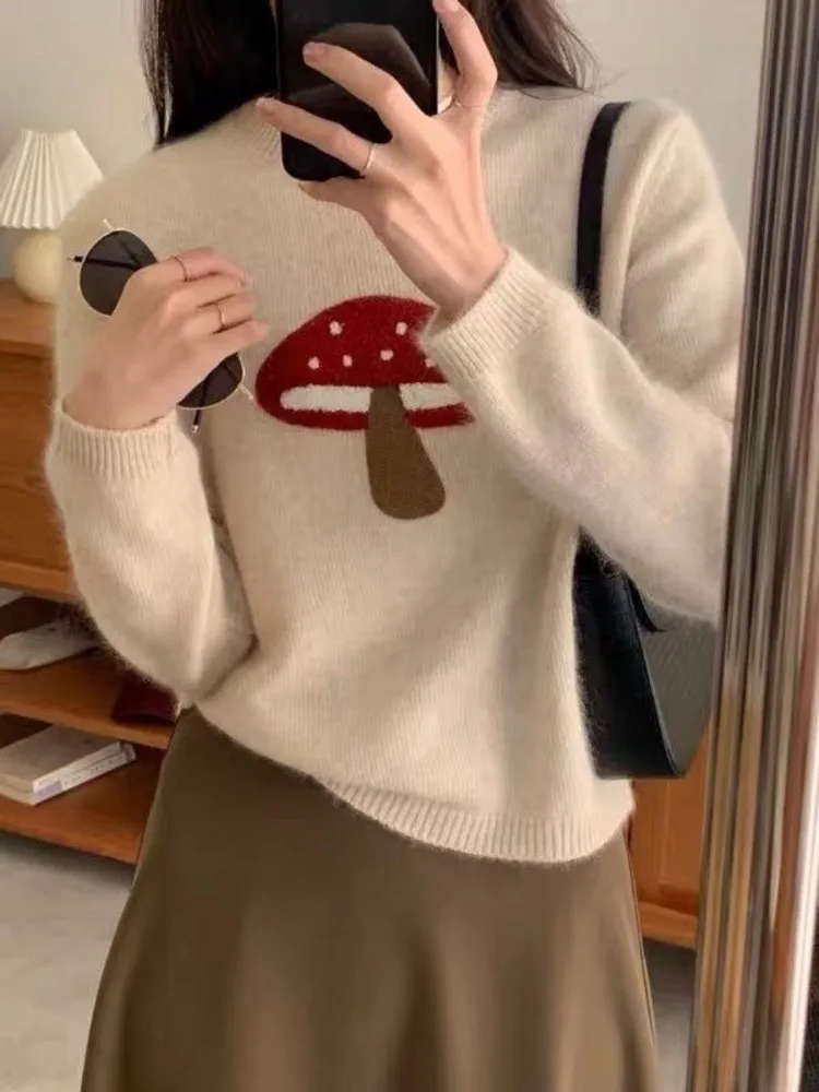 Little Mushroom Pullovers Women Embroidery Round-neck Elegant Soft All-match Korean Feminino Harajuku Long Sleeve Sweater