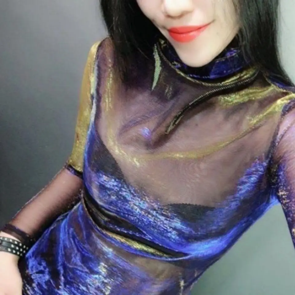 Sexy Lightweight Color-changing Sheer Lace Turtleneck Long-sleeved Top T-shirt Underwear Women Clothing Streetwear Y2K Trendy