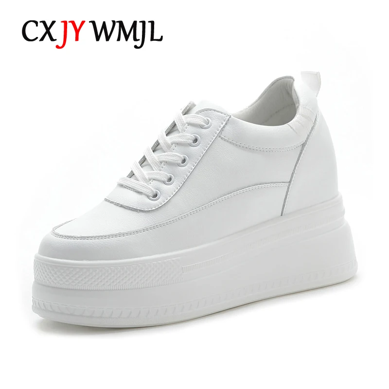 CXJYWMJL Genuine Leather Women Platform Sneakers Wedgies Spring Casual Vulcanized Shoes Ladies Thick Bottom Court Sneakers White