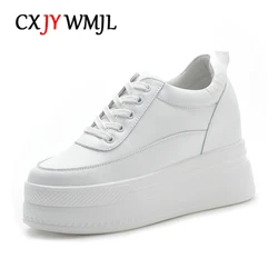 CXJYWMJL Genuine Leather Women Platform Sneakers Wedgies Spring Casual Vulcanized Shoes Ladies Thick Bottom Court Sneakers White