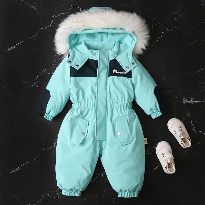 2024 Winter Kid\'s Ski Clothing Girls Snowsuit 2-5 Y Warm Overalls Boys Thicken Fur Lining Hooded Jumpsuit Children\'s Outwear