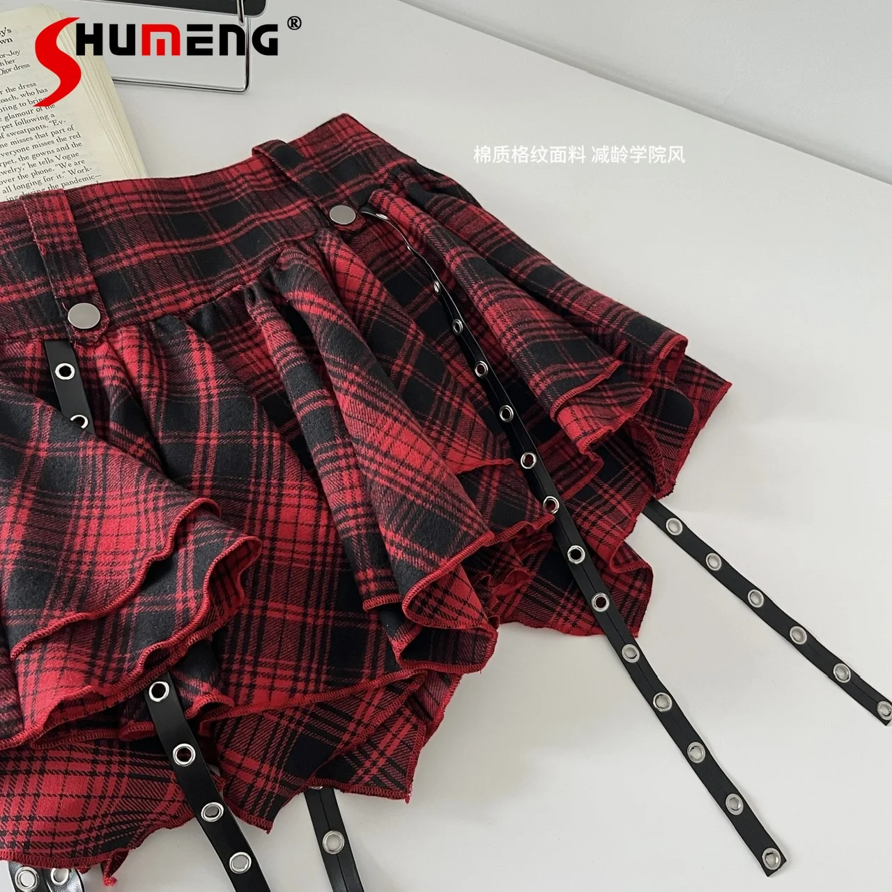 Hot Girl Red Plaid Puffy Cake Skirt Female 2024  Spring and Summer New Women's Irregular High Waist Pleated A- Line Short Skirts