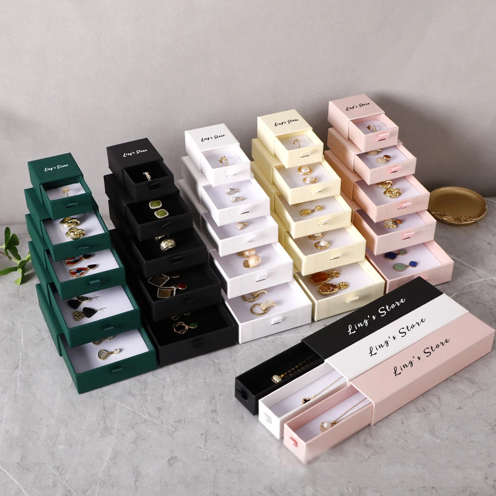 

50Pcs Custom Logo Jewlery Drawer Box With White Black Sponge Ring Pendant Bracelet Bag Packaging Case For Earrings Stud Necklace