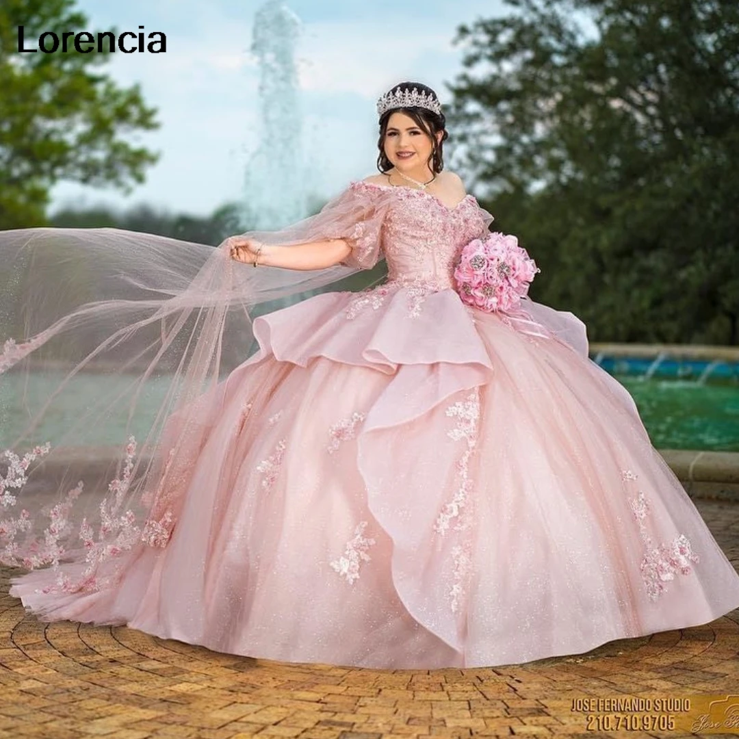 Customized Sparkly Pink Quinceanera Dress Ball Gown Lace Applique Beaded Tiered Cape Corset Sweet 16 Vestidos De 15 Años YQD863