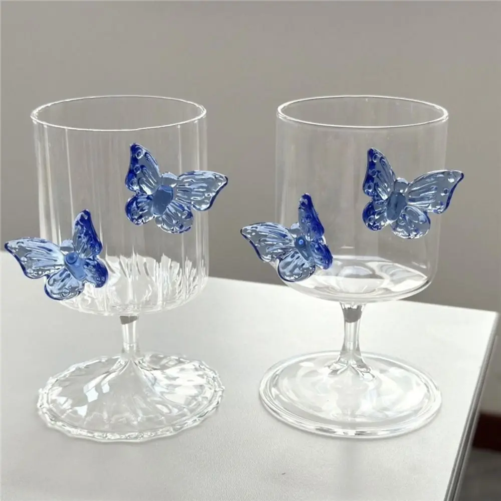 Heat-resistant High Legged Glass Cup INS Decorative Glass Goblet with Butterfly Ornament 3D Butterfly Stripe