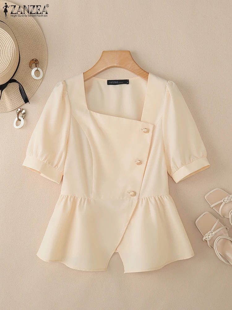2023 ZANZEA Elegante Frauen Square Neck Puff Sleeve Arbeit Blusen Sommer Shirts Stilvolle Feste Tasten Tunika Tops Taille OL Blusas