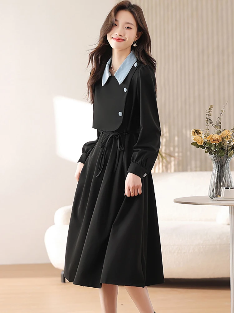 Vrouwen Koreaanse Vintage Bodycon Nep Tweedelige Jurk Zomer Zwart Patchwork Blauwe Polo Kraag Midi Jurk 2025, Elegante Luxe Jurken