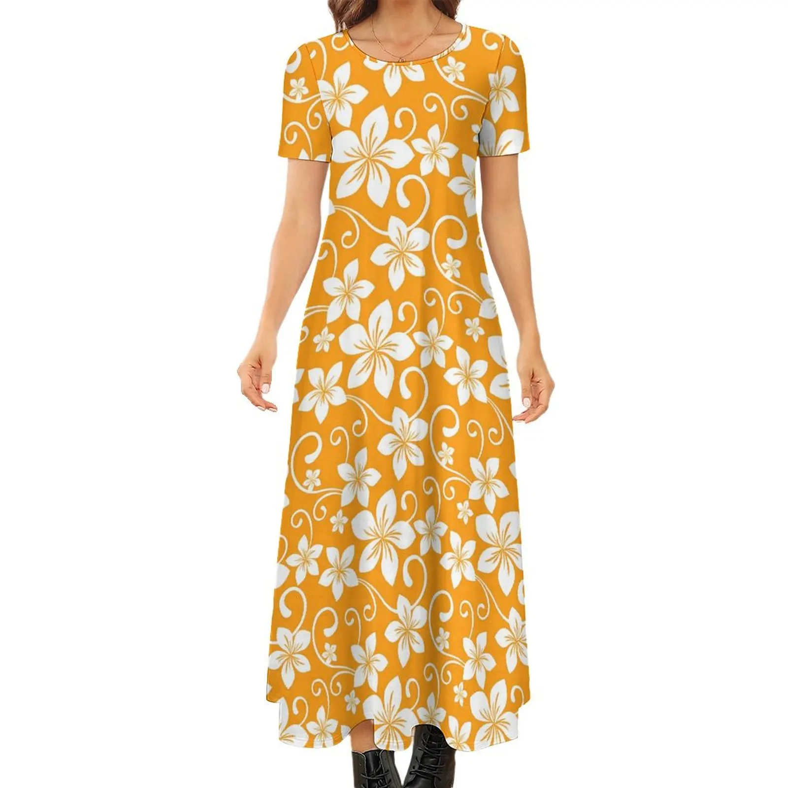 Tropical Floral Dress Yellow Flowers Print Party Maxi Dress Women Short Sleeve Aesthetic Boho Beach Long Dresses Big Size