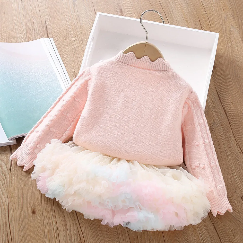 Girls' Sweater Set Autumn/Winter New Collection Children's Sweet Solid Color Knitted Cardigan Tutu Skirt Two Piece Set