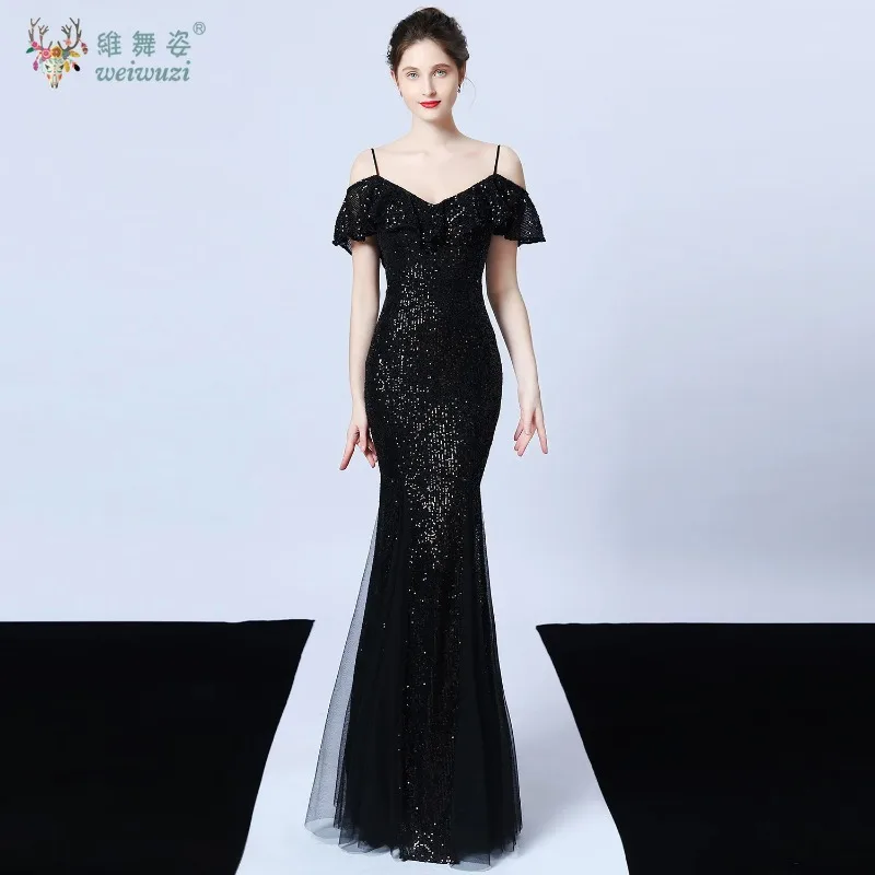 Elegant Women Straps Prom Evening Dresses Birthday Party Sexy Fishtail Dress Sequin Hight Waist Bodycon Tulle Bottom Dress Gown