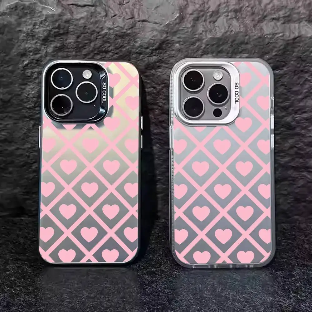 1pc rosa coração caso de telefone laser imd cor prata escudo para iphone 17 16 15 14 13 12 11 ar pro max plus