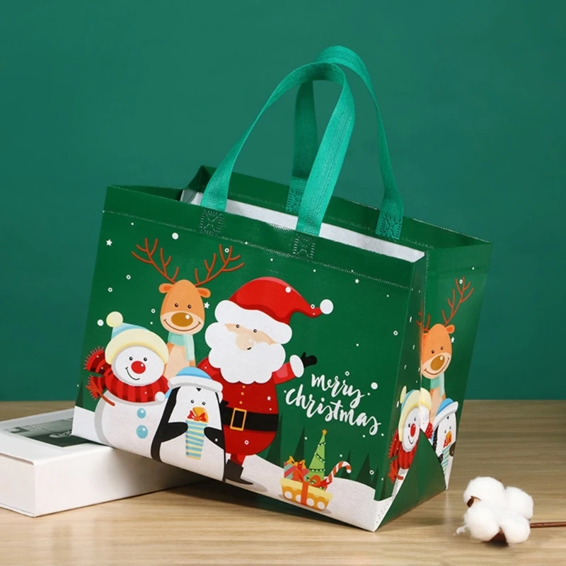 Christmas Tote Bag with Handle Large Gift Bag Reusable Non-Woven Grocery Shopping Tote Santa Claus Snowman- Cartoon Bag A0KF