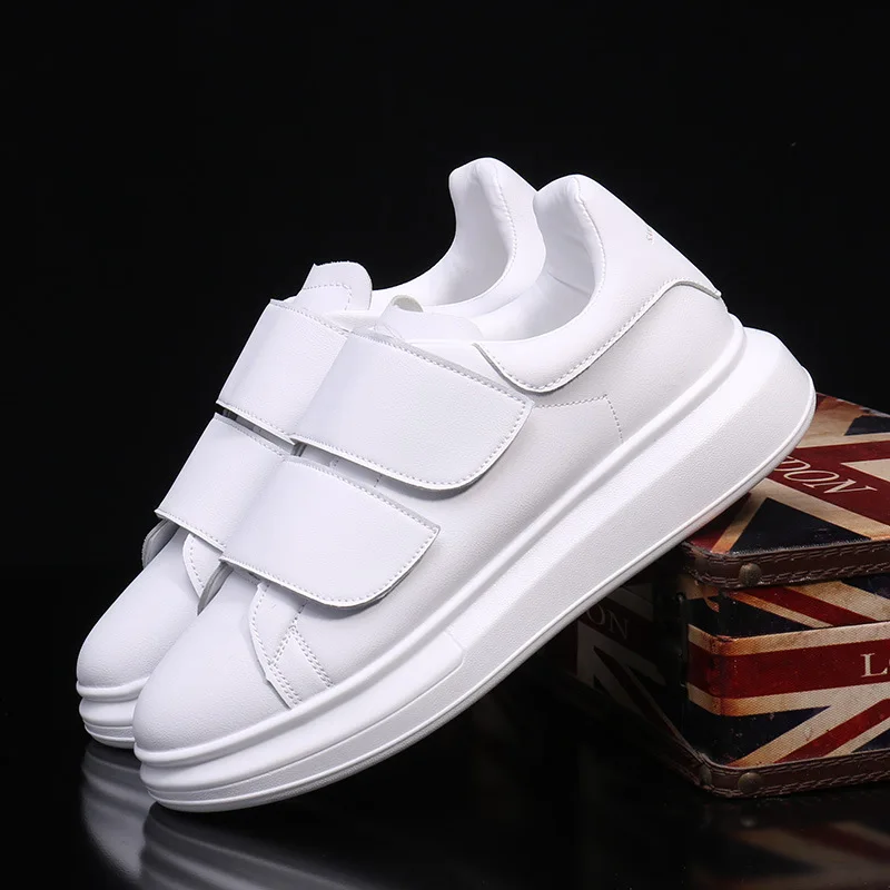 

Korean style men fashion original leather shoes hook loop white shoe sports flats sneakers youth breathable platform footwear