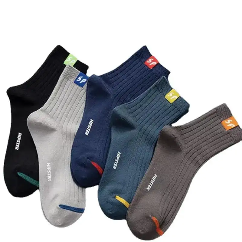 5pairs Men\'s Letters Print Fashion Sports Socks, Breathable Breathable Sweat-absorbent Odor-resistant Crew Socks, Men\'s Socks