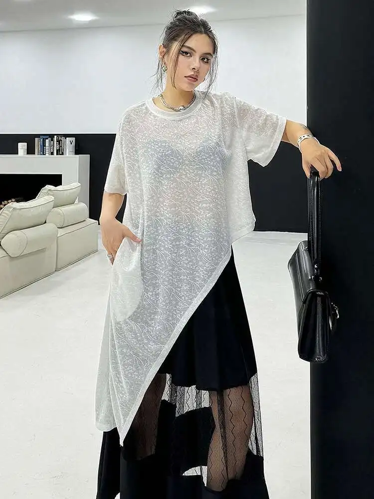 Women White Irregular Hem Perspective Big Size T-shirt New Round Neck Short Sleeve Fashion Tide Spring Summer