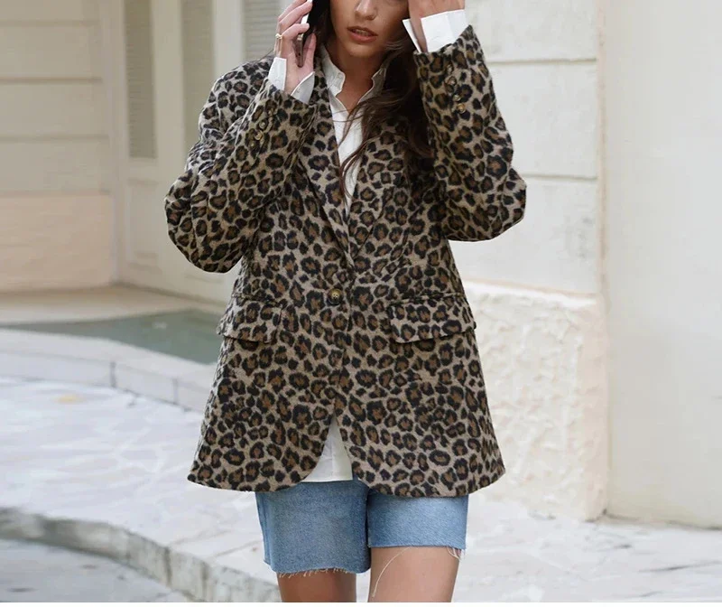 Terno de pelúcia lapela estampado leopardo para mulheres, jaqueta vintage, casaco solto, casaco casual, casaco grosso, top com bolso, outono e inverno