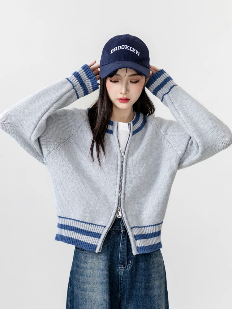 Zoki Vintage Striped Cardigan Sweaters Women Casual Loose Knitted Baseball Jackets Fall Preppy Style Lady Double Zipper Tops New