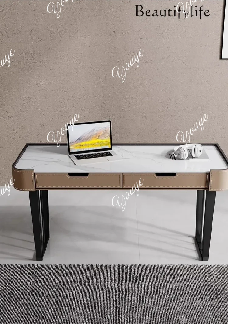

Home Office Computer Desk Modern Slate Light Luxury Desk Saddle Leather Writing Italian Minimalist Modern