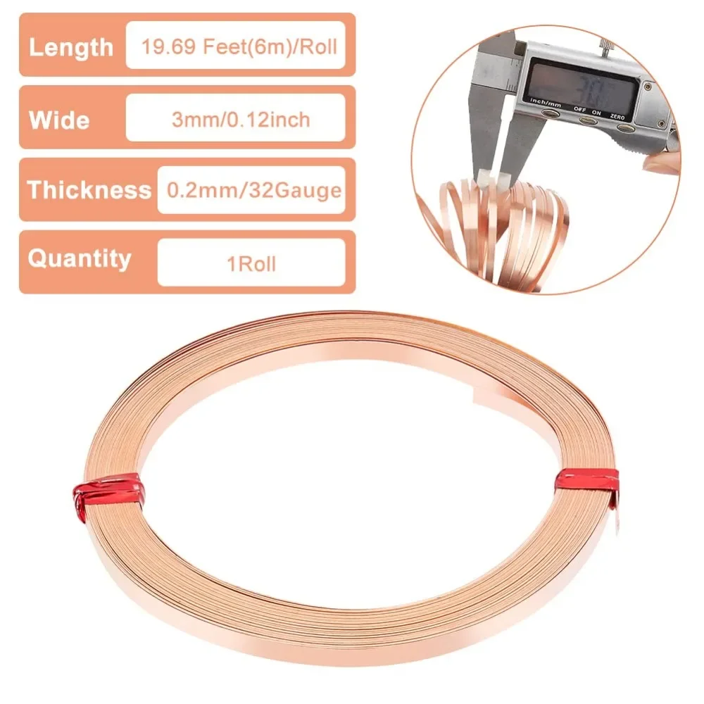 19.7 Ft 32Gauge Flat Pure Copper Wire, 3mm Wide Flat Bezel Wire Tarnish Resistant Jewelry Wire for DIY Jewelry Craft Making