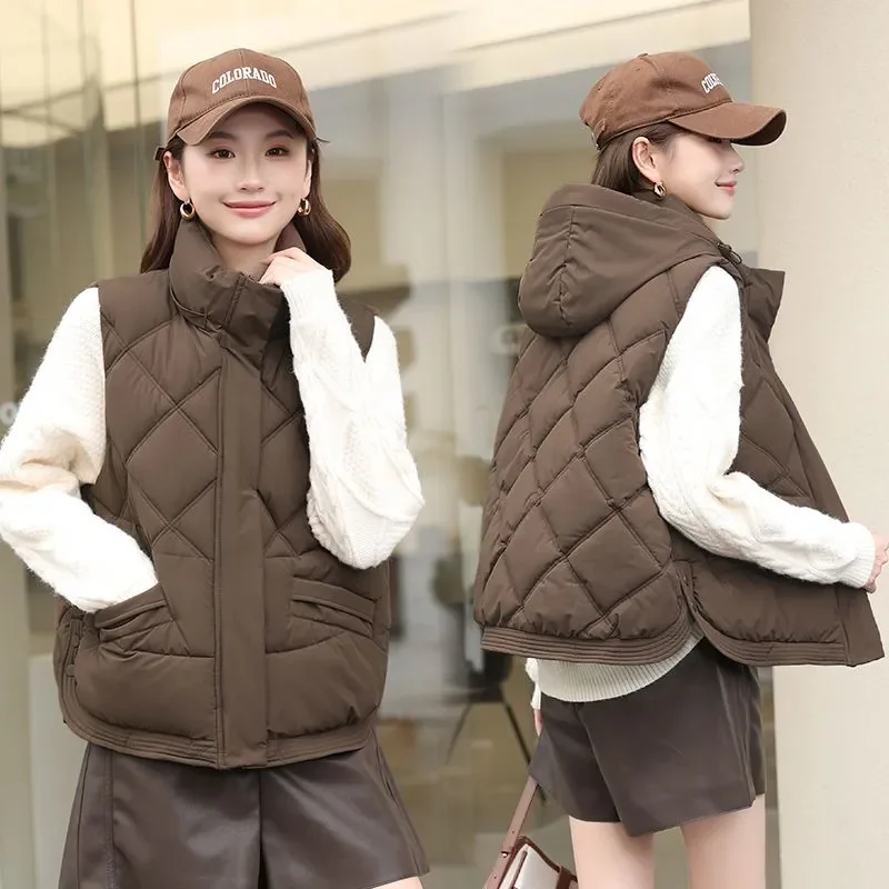 

New Short Down Cotton Vest Women Spring Autumn Hooded Sleeveless Jacket Zipper Warm Tank Waistcoat Female Loose Outerwear W1108