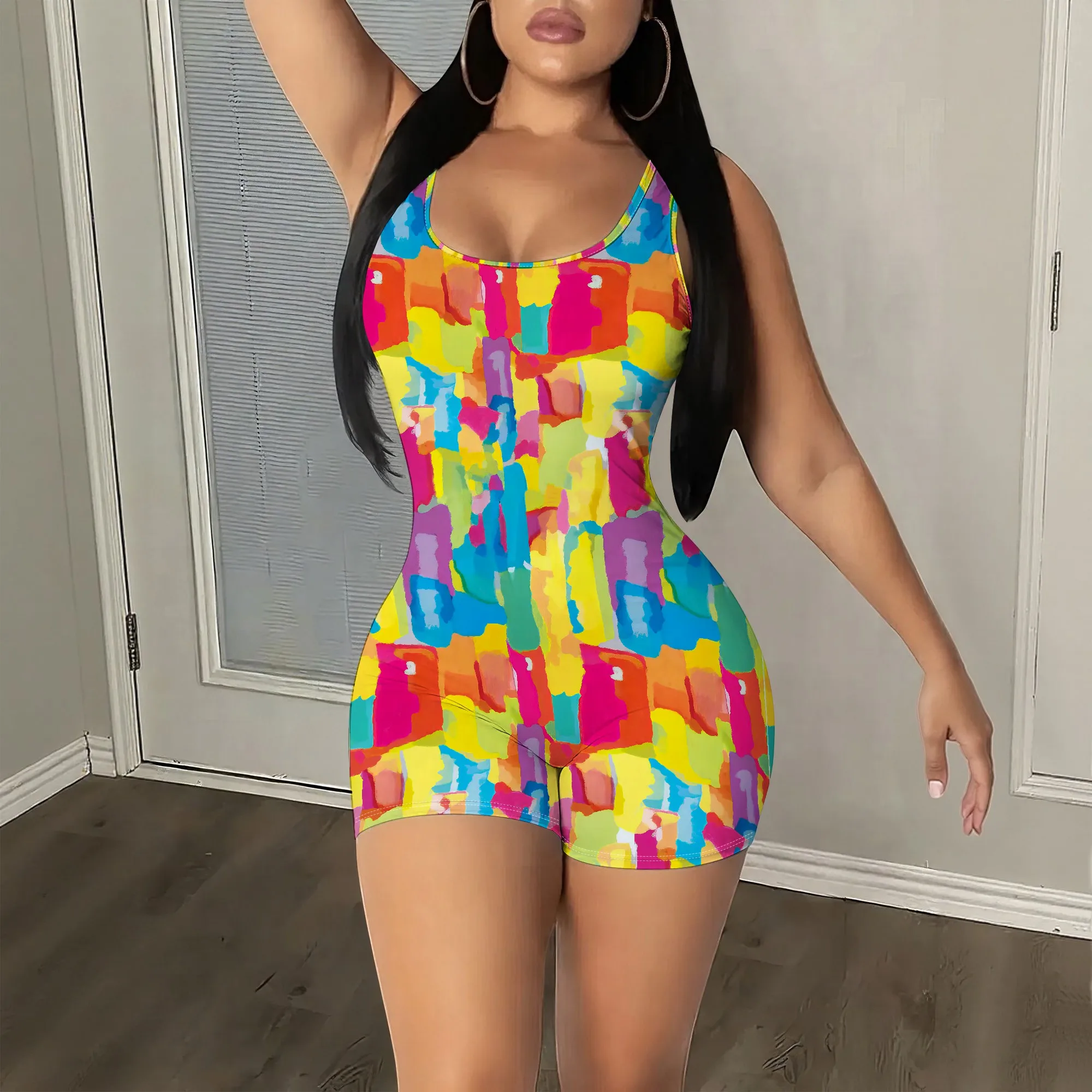 

Vibrant Color Block, Sleeveless Bodysuit, Abstract Art Print Playsuit, Summer Casual Wear, Party Club Outfit, S-2XL