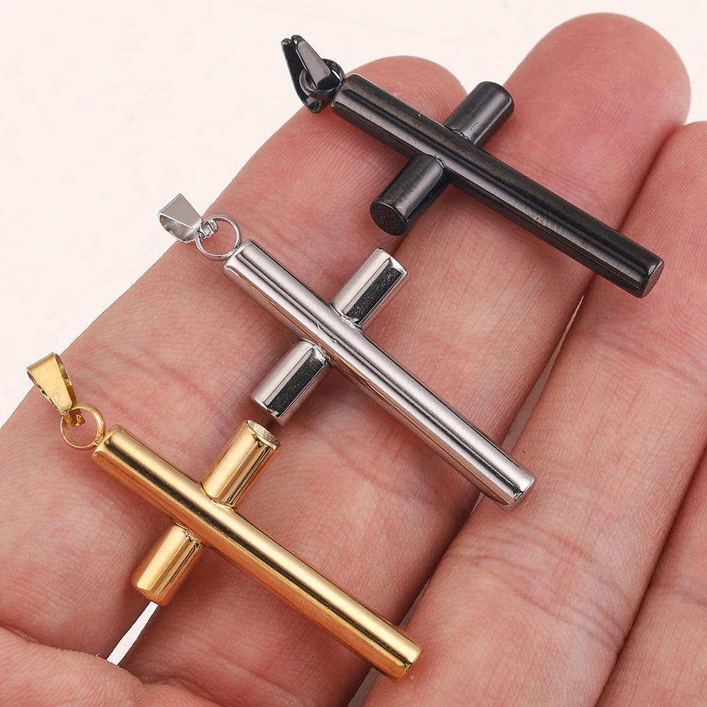 3pcs Gold-Plate Classic Cylindrical Cross Stainless Steel Charms Pendants for DIY Necklace Making Melon Seeds Buckle Crucifix