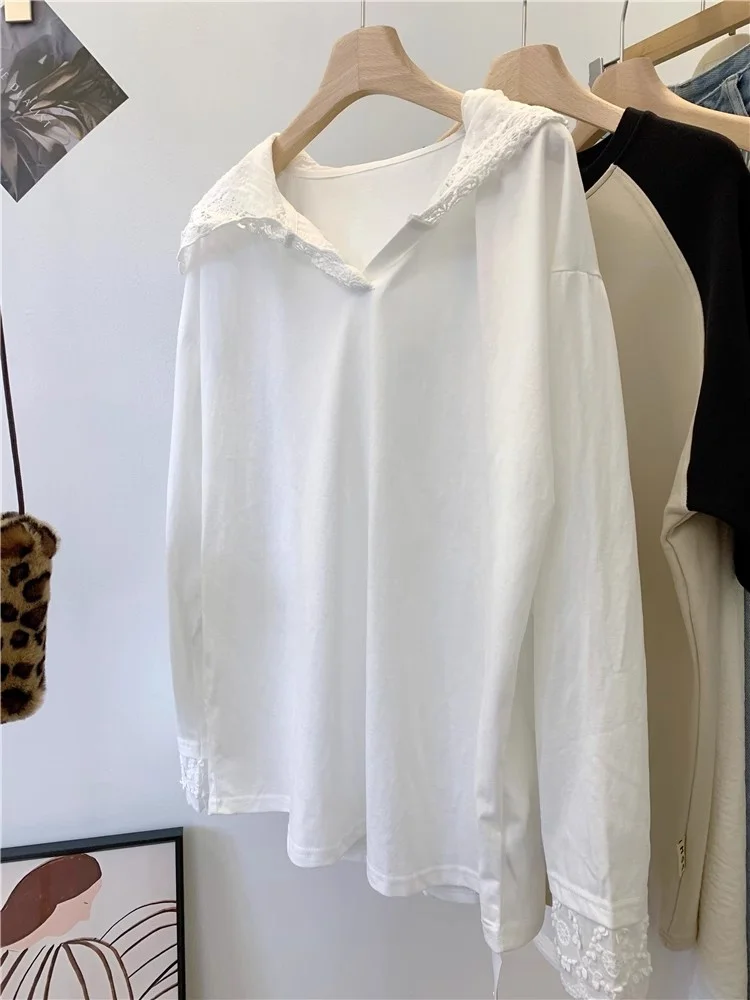 Grote Maat 300Pou Kant Splice Capuchon Faion Losse Lange Sve T irt Vrouwen Lente Koreaanse Sle Hoed irt Base irt