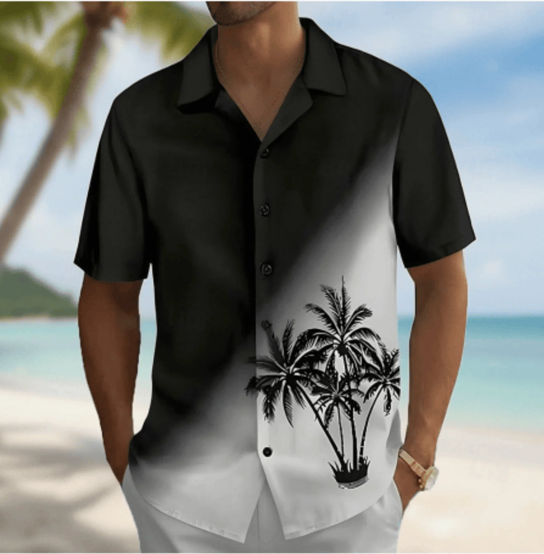 

Men's Black White Gradient Silhouette Print Short Sleeve Shirt, Summer Minimalist Hawaiian Vacation Blouse, Loose Casual Top