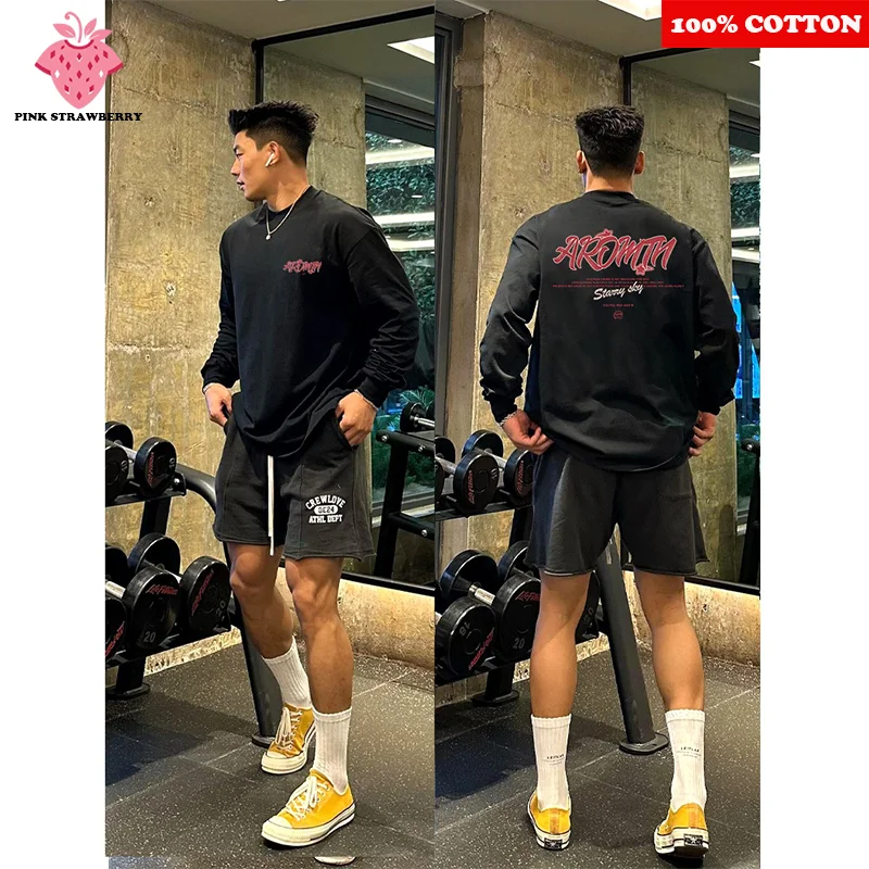 

American Street Letter Print T-shirt Men Autumn 2025 New 100% Cotton Oversize Long sleeves Sports Gym Tee Y2k Top Man clothing