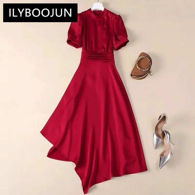 ILYBOOJUN Fashion Designer Spring Summer Woman's Stand Collar Bow Lace-UP Asymmetrical High Street Solid Color Temperament Dress