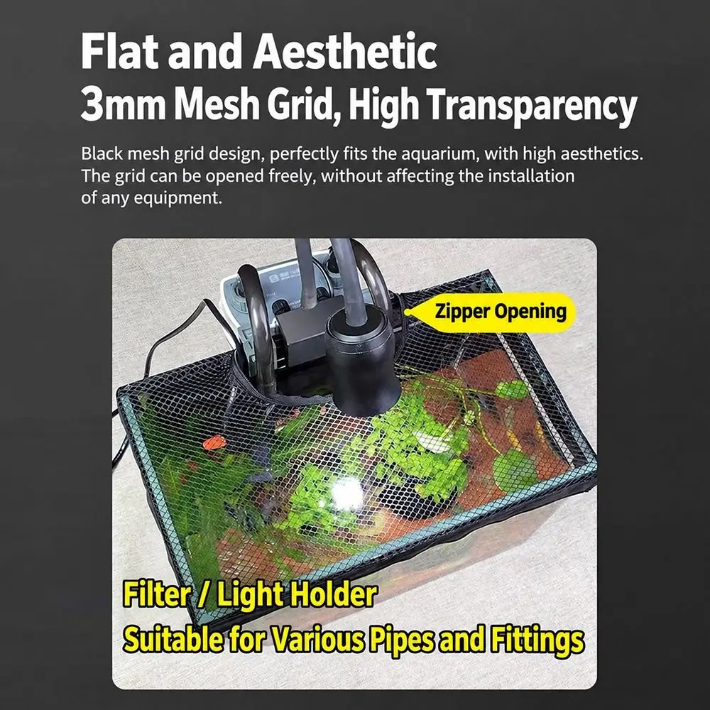 Black Aquarium Mesh Cover Zippered Feeding Opening Anti-Jump Fish Tank Net Lid Fine Mesh Fish Tank Lid Cover Marine Tanks