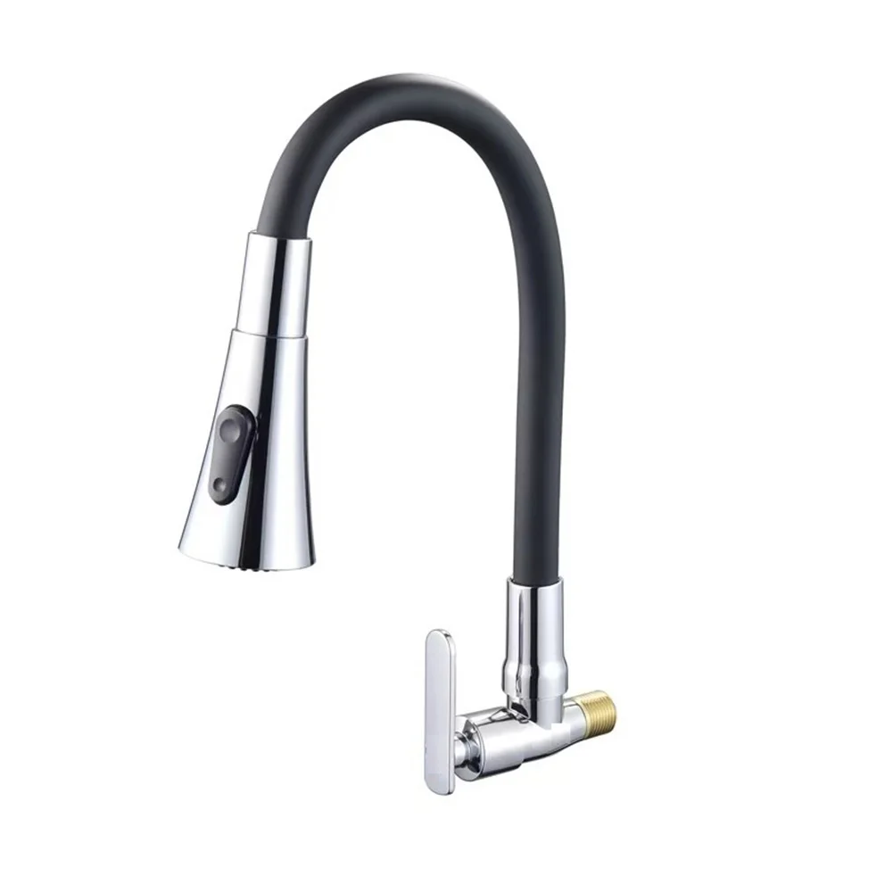 Wall Mount Black Kitchen Faucet Zinc Alloy Construction 360 Degree Swivel Dual Water Flow Porcelain Valve G1/2