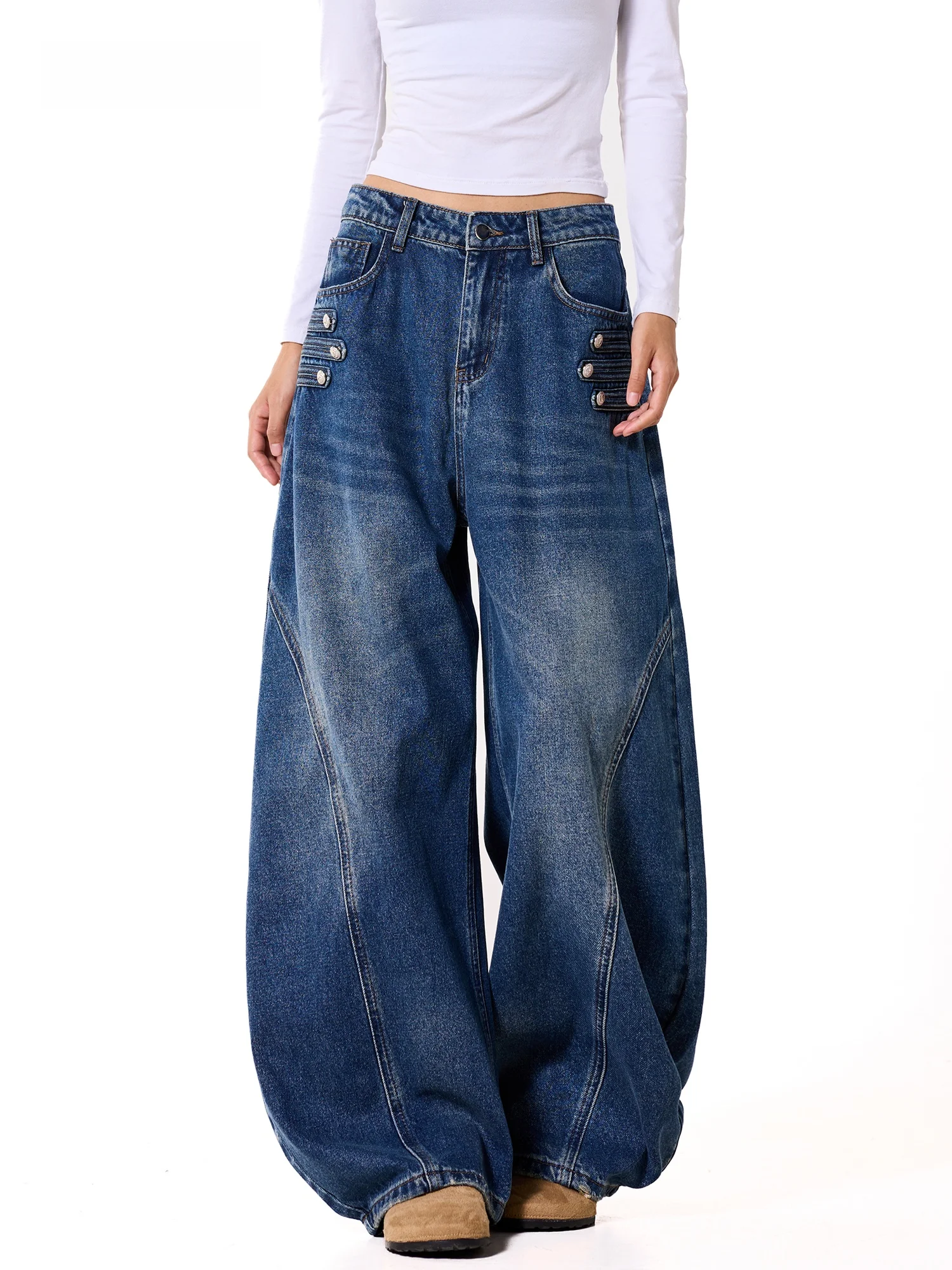 Women's Wide Leg Denim Jeans High Waist Cotton Blend Comfortable Breathable Vintage Washed Loose Fit Trousers Autumn New Arrival
