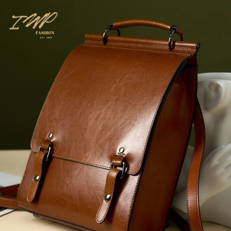 

Luxury British Academy Book Bag Genuine Leather Backpacks for Female College Students Laptop Bag Cowhide Back Pack School Bag