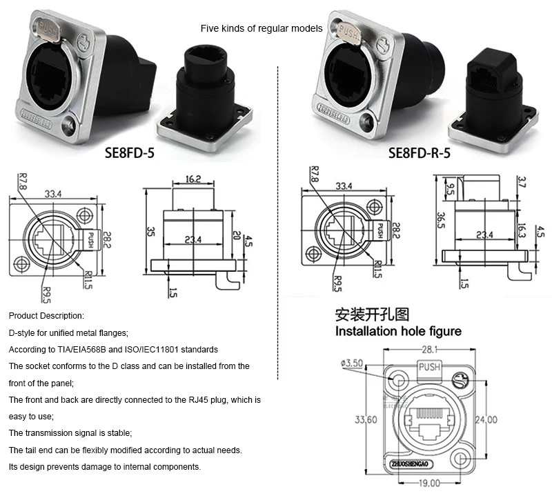 D-Typ-Modul RJ45 CAT5E Vertikaler Panel-Mount-Stecker Netzwerk-Ethercon-Chassis-Buchse, D-N8FDP RJ45-Einvoer/Pass-Buchse für Panelmontage – Detail 9