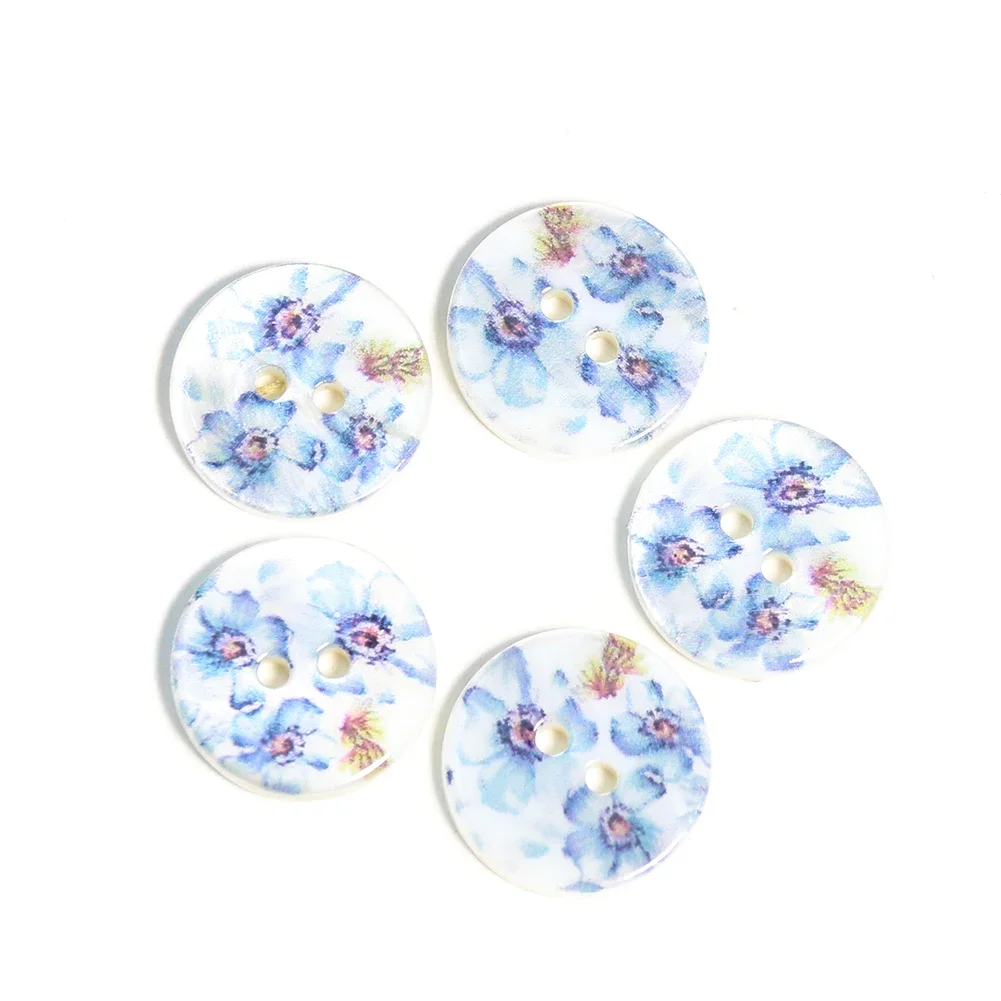 5PCS Blue Forget-me-not Peony Flower Real Mother of Pearl Shell 2-holes Flatback Round Buttons DIY Shirt Cufflinks Sewing Crafts