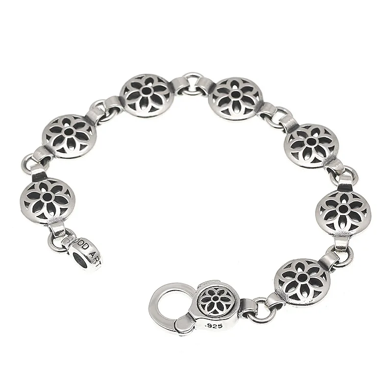 Bracelet à Pétales Ajourés en Argent Thaïlandais S925, Style Punk Vintage, Simple, Solide, Boule Plate, Ornement de Mode pour Homme