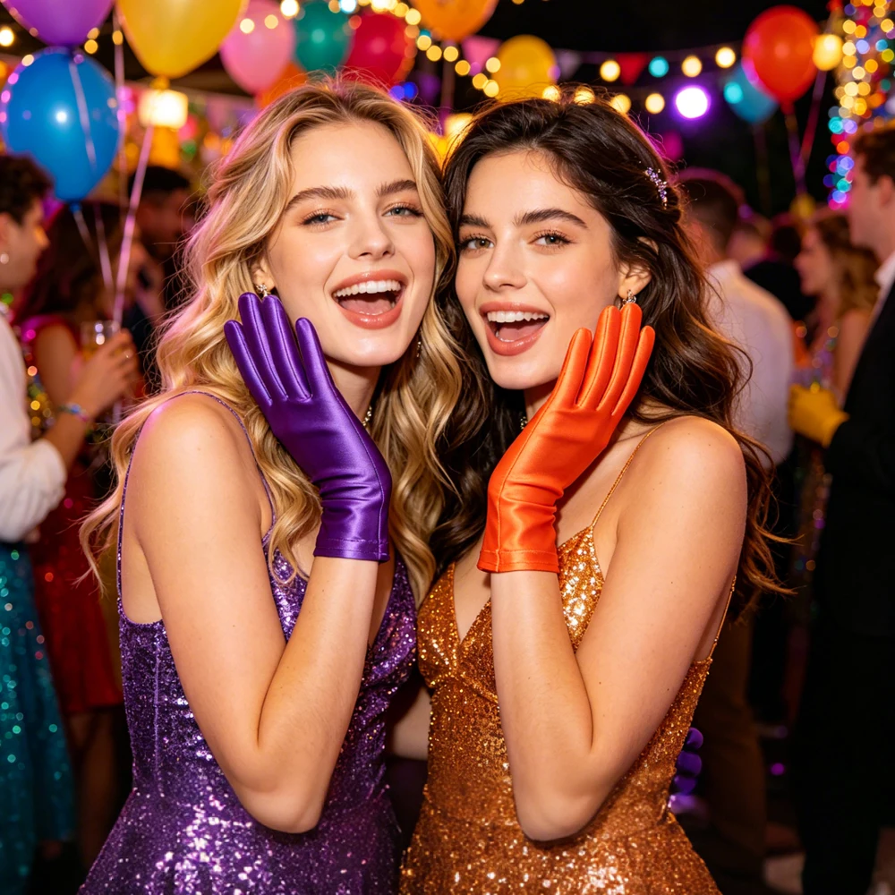

MJINM Women Shiny Silky Glossy High Elasticity Colorful Party Dress Gloves Satin Smooth Cosplay Spandex Five Finger Short Gloves