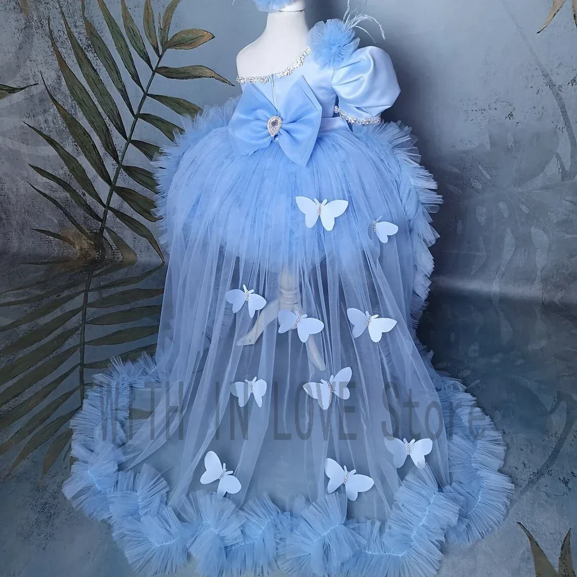 

Puffy Blue Custom Made Flower Girl Dresses Tulle Ruffles Wedding Birthday Party Dress Butterfly Holy First Communion Prom Gowns