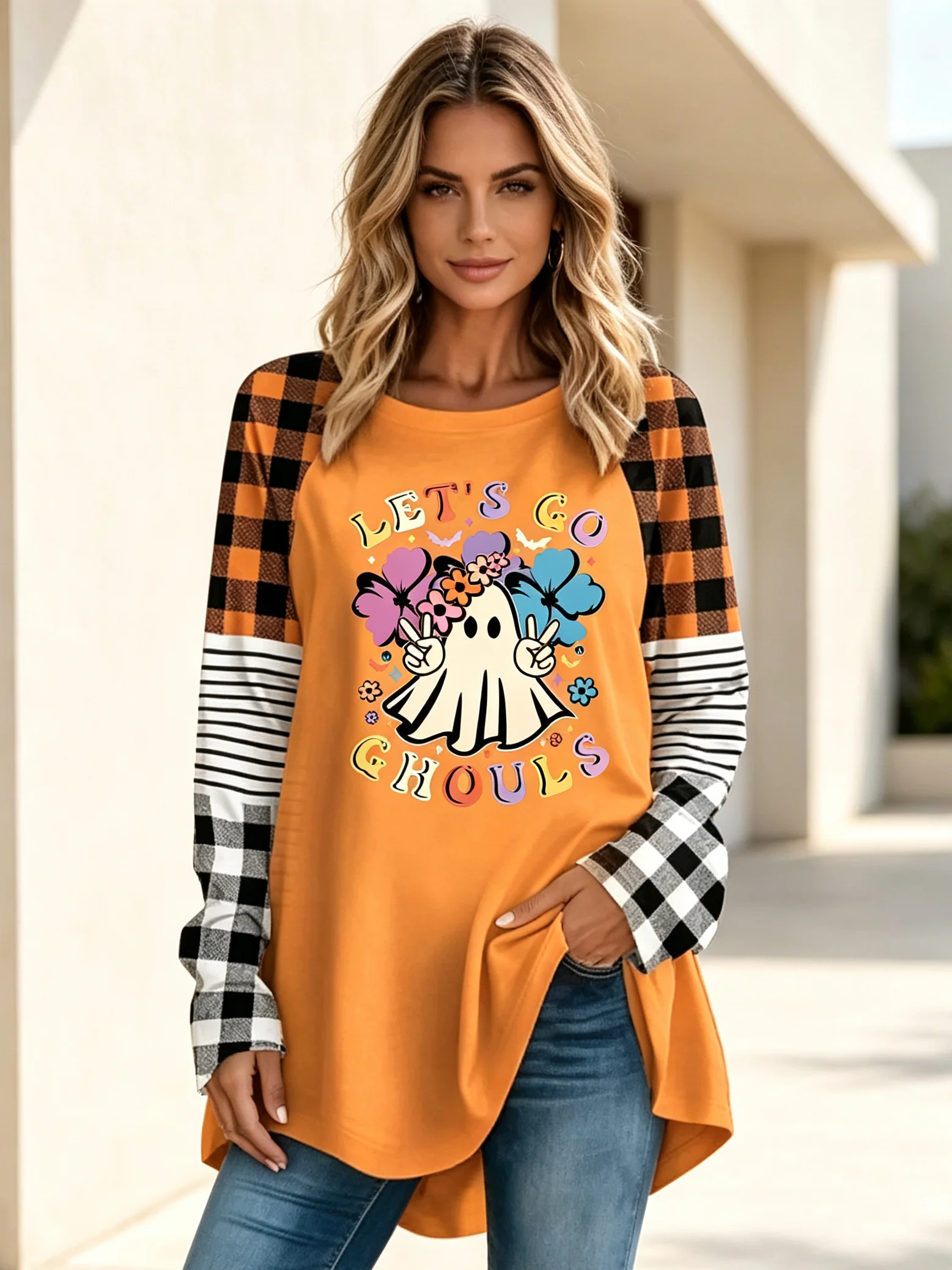 Women's Holiday Halloween Print American Retro round Neck Color Ghost Printed Casual Daily Wear Top Womens Clothing