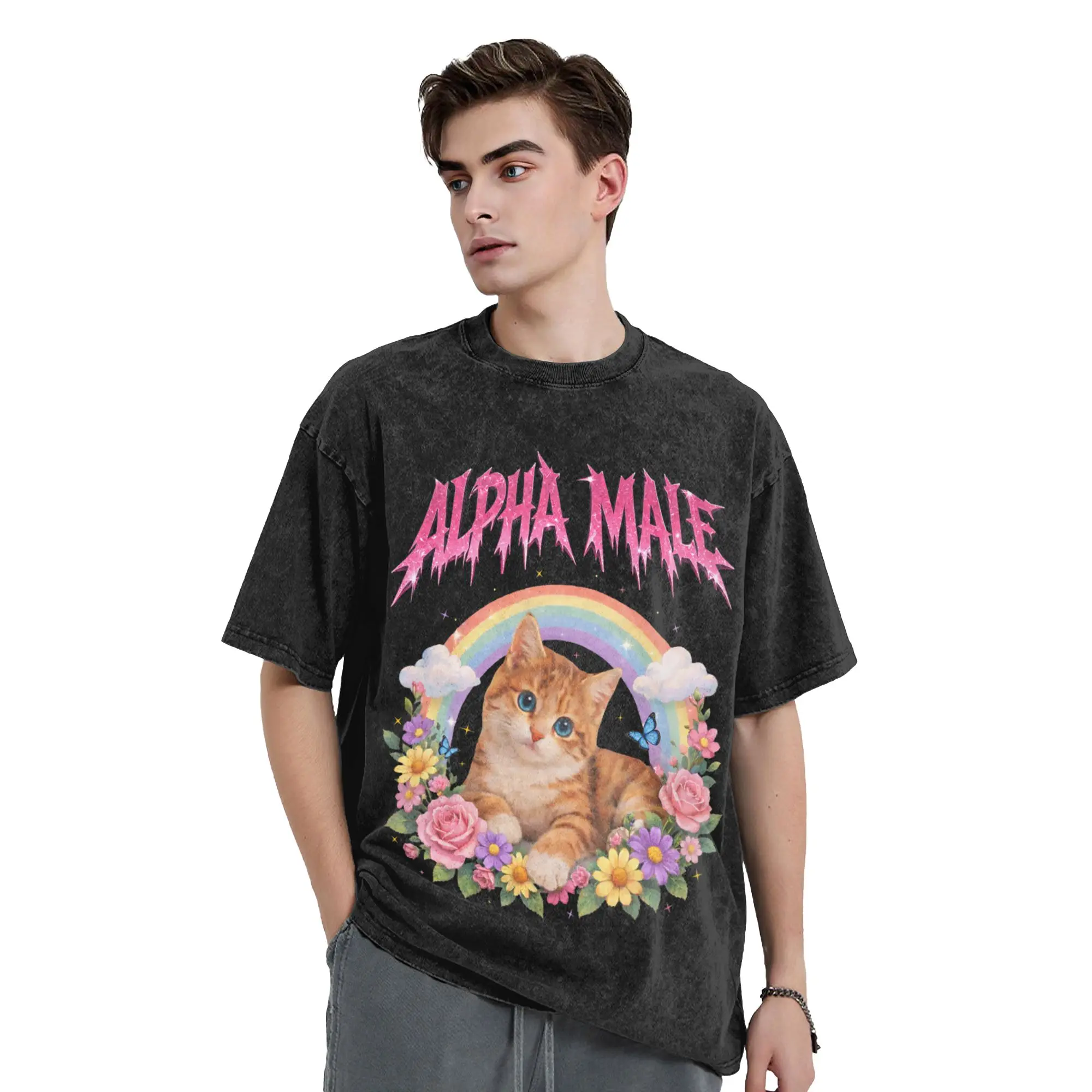 Alpha Male Funny Kitten Rainbow Floral T-Shirt  Trendy Cool T-Shirts Short-Sleeve Y2K Basic Tshirt Summer O Neck Big Size Tees
