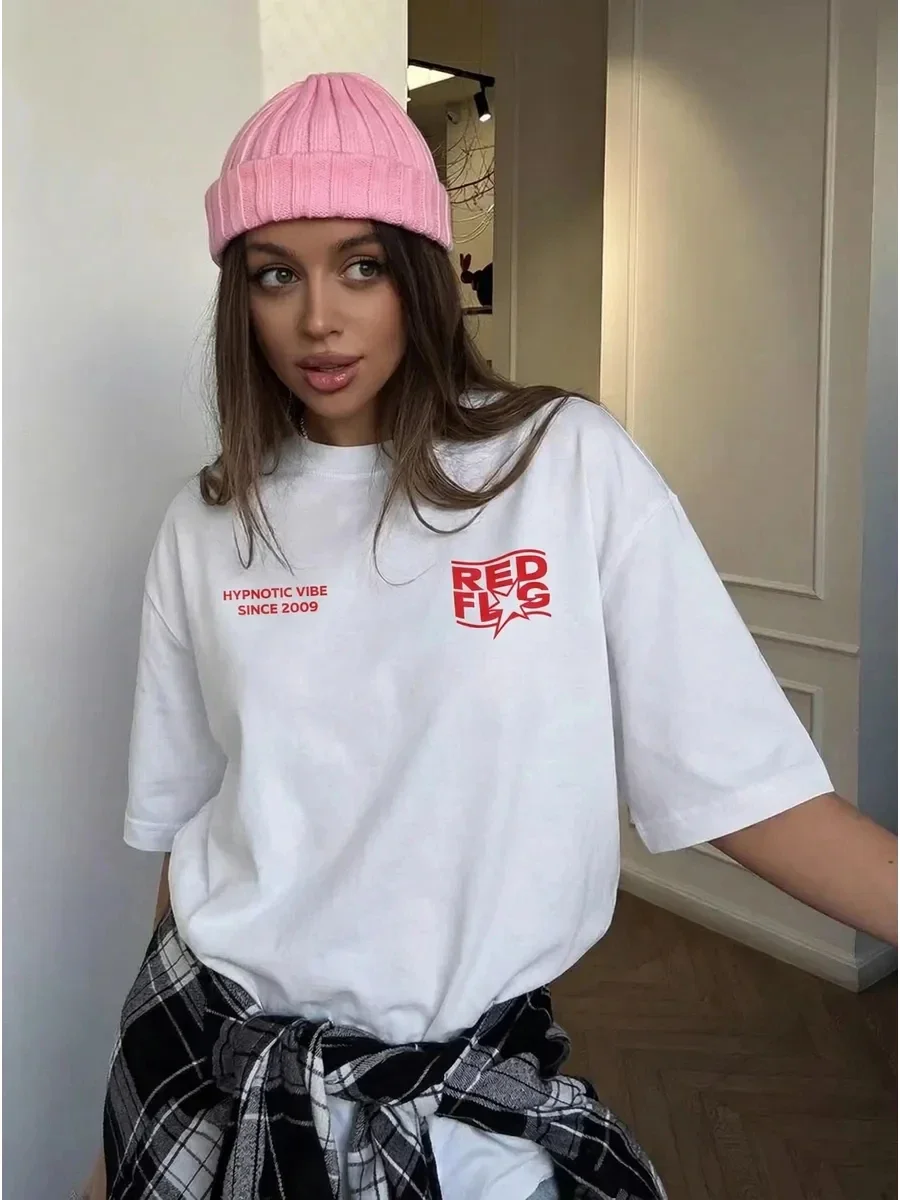 

Women's 100% Cotton Oversized T-Shirt Y2K Street INS Minimalist Art Letter Print Loose Short Sleeve Casual Top 2026 Summer New