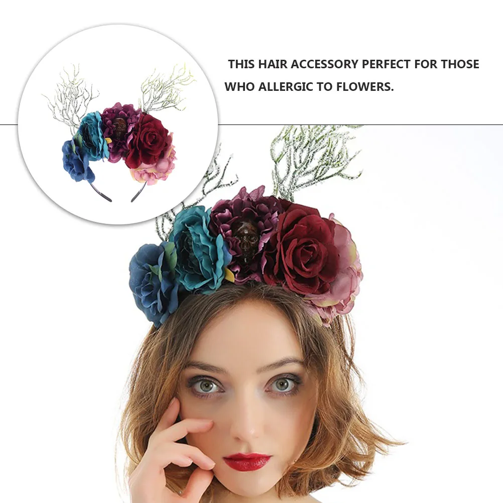 

Skull Headband Flower Hair Hoop Colorful Floral Garland Halloween Costume Rose Wedding Accessories Hair Tools