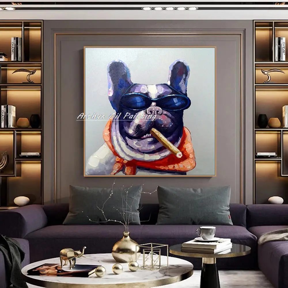 Arthyx Handmade Abstract Smoking Dog Cartoon Animal Oil Painting On Canvas,Modern Pop Art,Wall Pictures For Kids Room Home Decor