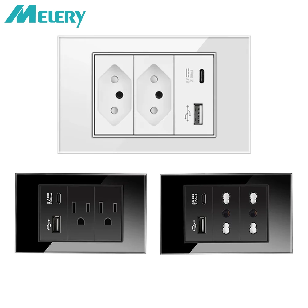 Melery 20A Brazil/US/Italy/Chile Plug Wall Sockets USB Type C Pressure Switch Plastic/ Tempered Glass Panel Outlets Home Office