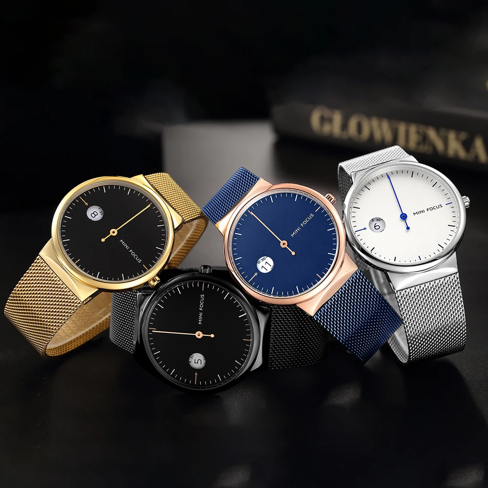 MINI FOCUS MF0182G Простые роскошные мужские кварцевые часы с золотой сеткой из нержавеющей стали, водонепроницаемые наручные часы