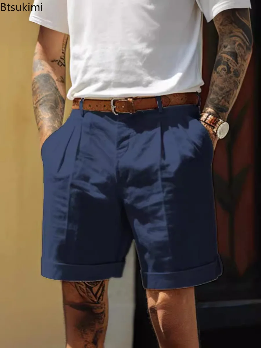 Summer Fashion Solid Cotton Linen Shorts for Men Breathable Pleated Loose Casual Straight Shorts Men Daily Versatile Short Pants - Image 4