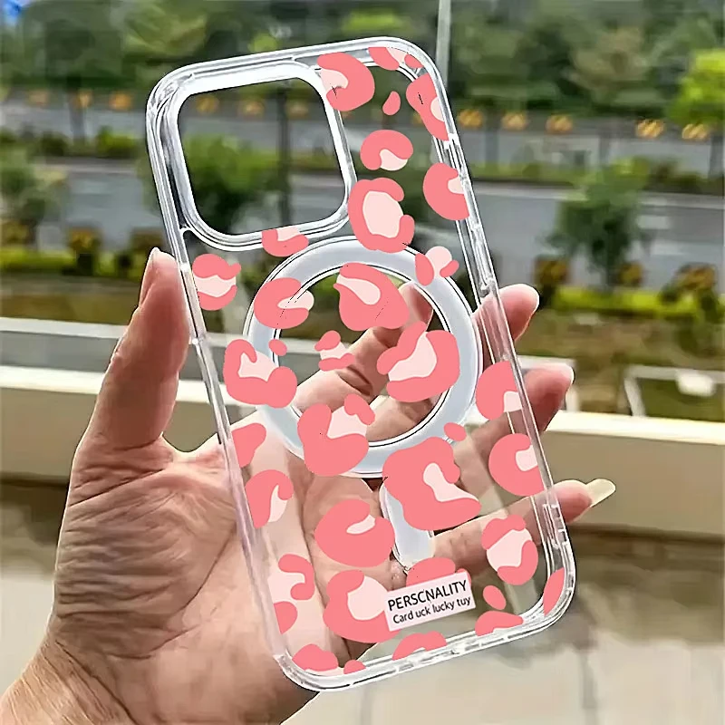 Etui z nadrukiem leoparda, przezroczyste, z obsługą ładowania bezprzewodowego MagSafe, do Samsung Galaxy S25 S24 S23 S22 Ultra Plus S21 FE, luksusowe, przezroczyste.