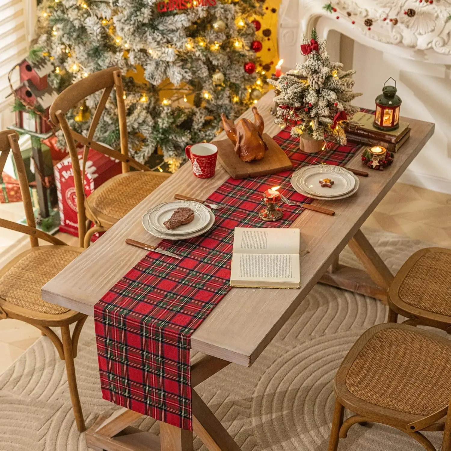 Christmas Table Runner,Double Layer,Scottish Tartan Plaid,Farmhouse Striped Xmas Table Runner for Holiday Kitchen Dining Decor