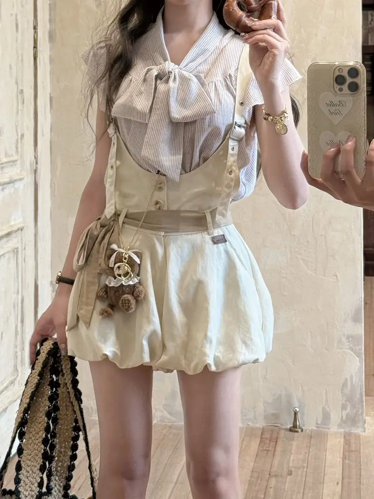 

Sweet Bow Flying Sleeve V-neck Shirt Women Waisted Slim Bud Overalls Summer Japanese Girls Striped Polka Dot Two Pieces Set